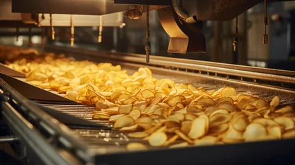 Foto op Canvas conveyor belt in a factory where potato chips are being processed. The chips appear to be freshly fried and are moving through the production line. © พงศ์พล วันดี