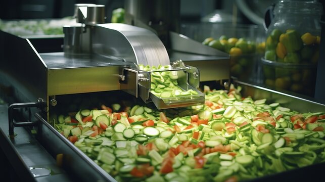 Specialized machinery slicing, dicing, and packaging fresh vegetables in a processing plant.