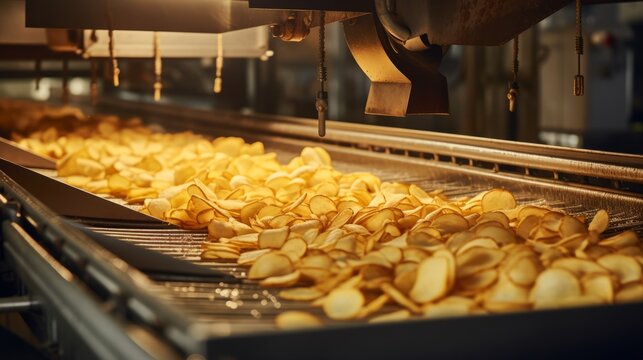 conveyor belt in a factory where potato chips are being processed. The chips appear to be freshly fried and are moving through the production line.
