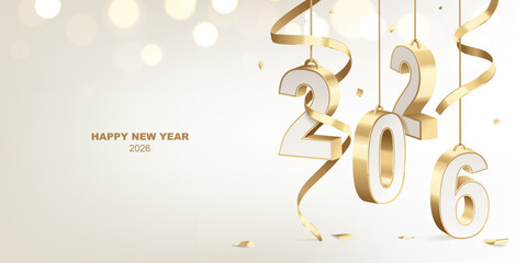 Happy New Year 2026. Decoration of golden white 3D hanging numbers with ribbons and confetti, holiday card design.