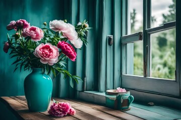 A bouquet of peony and carnation flowers, placed in a tranquil turquoise ceramic vase, on a wooden surface, near an open window.