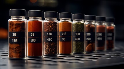 A shot capturing the precision in labeling and packaging spice containers.Background - obrazy, fototapety, plakaty
