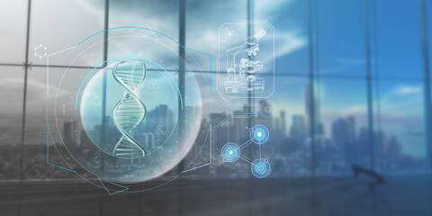 Glowing light DNA strands on a blue background, 3D rendering.