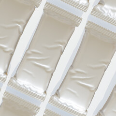 Fototapeta na wymiar Protein bar packaging white color and realistic render with metalic or glossy texture