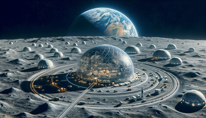 Future Lunar Colony: A Vision of Human Settlement on the Moon's Surface with Earthrise View. - obrazy, fototapety, plakaty