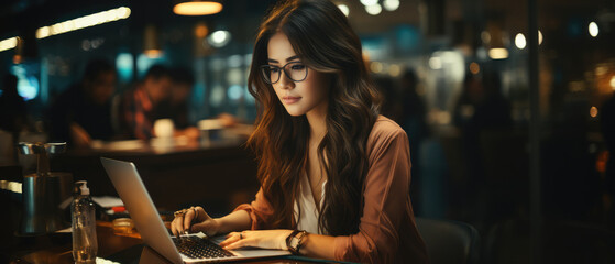 Fototapeta na wymiar business woman working on a laptop in a professional office, Stylish Beautiful Manager working on financial and marketing projects, Generative AI