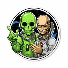 Astronaut and alien in space. Alien Sticker Isolated. Logotype. Sticker. Extraterrestrial Life Concept.