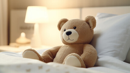 Adorable Teddy Bear Awaiting a Cuddle on a Cozy Bedroom Bed.