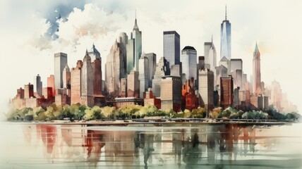 A New York City illustration in colorful watercolor paints, isolated on a white background
