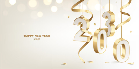 Happy New Year 2030. Decoration of golden white 3D hanging numbers with ribbons and confetti, holiday card design.
