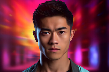 serious young adult Asian man, head and shoulders portrait on colorful background. Neural network generated photorealistic image. Not based on any actual person or scene.