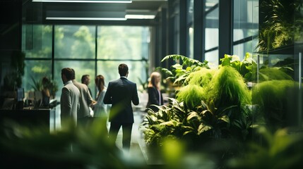 Green, sustainable and environmental office space with daily employee rush. Modern and nature friendly startup business with ESG standards and care for worker wellness and healthy environment. - obrazy, fototapety, plakaty