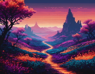 Pixel Art Utopia: Vibrant 8-Bit Landscape with Lush Trees, Mountains, Waterfall, and a Winding Path