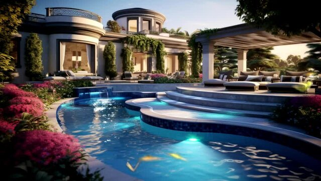 swimming pool building concept, seamless looping video background animation, cartoon anime style