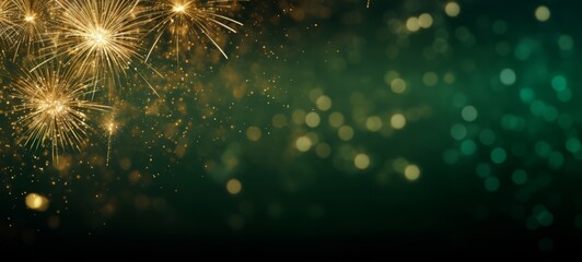 Silvester Sylvester 2024 New year New Year's Eve Party background banner panorama illustration - Abstract gold firework fireworks on dark green texture with bokeh lights - obrazy, fototapety, plakaty