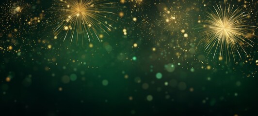 Silvester Sylvester 2024 New year New Year's Eve Party background banner panorama illustration - Abstract gold firework fireworks on dark green texture with bokeh lights - obrazy, fototapety, plakaty