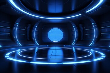 Vibrant Circular Frame on Blue Background. Pictorial Space with Bold Black Lines.