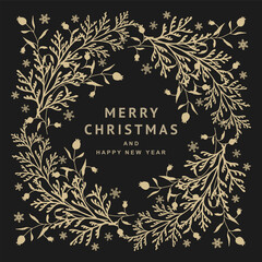 Christmas luxuri botanical square frame. Golden wreath with coniferous branches, berries and snowflakes. isolated on black background. Vector illustration © Feodora_21