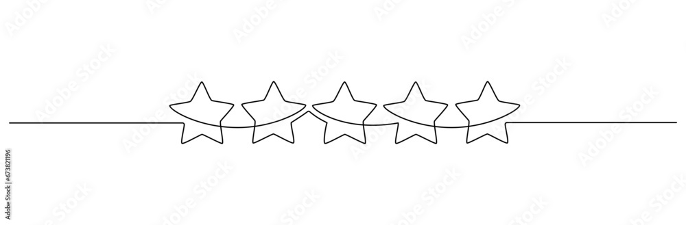 Poster One continuous line drawing of five stars. Rating service and high quality review and feedback from customer in simple linear style. Christmas divider in editable stroke. Doodle vector illustration