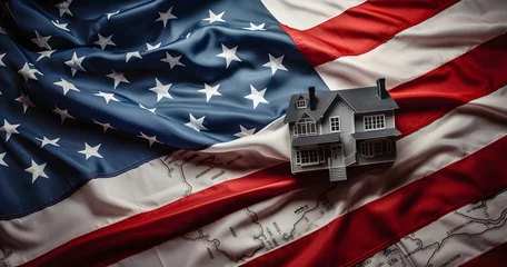 Fotobehang house money, american flag background, usa house mortgage, saving money, sale of real estate, rental housing, small living house, © elina