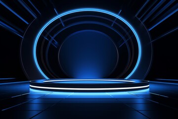 Dark Modernism: Circular Frame on Vivid Blue Backdrop with Bright Lights.