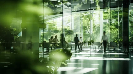 Foto op Canvas Green, sustainable and environmental office space with daily employee rush. Modern and nature friendly startup business with ESG standards and care for worker wellness and healthy environment. © TensorSpark