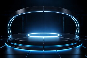 Exploration of Futuristic Design in a Black Room with Ethereal Blue Lighting
