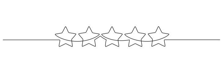 One continuous line drawing of five stars. Rating service and high quality review and feedback from customer in simple linear style. Christmas divider in editable stroke. Doodle vector illustration