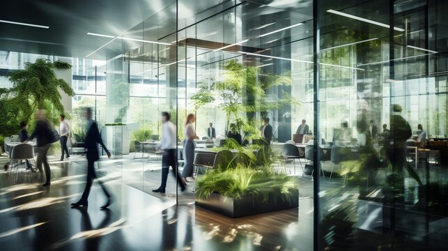 Green, sustainable and environmental office space with daily employee rush. Modern and nature friendly startup business with ESG standards and care for worker wellness and healthy environment.