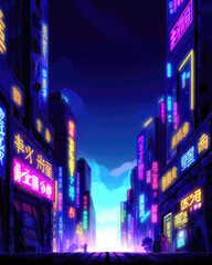 Night city street with neon lights