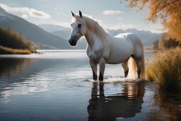 Ethereal Waters and Noble Steed: A Portrait of Magical Serenity - obrazy, fototapety, plakaty