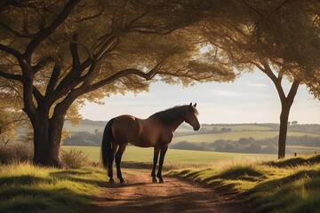 Rustic Tranquility: Serene Horse in the Embrace of a Countryside Tree - obrazy, fototapety, plakaty