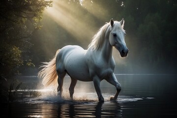 Obraz na płótnie Canvas Graceful Equine Elegance in a Luminous Lakeside Enchantment