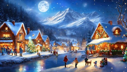 village, town, christmas, xmas, landscape, snowboarding, decoration, winter, house, water, tree, forest, holiday, night, happy, lights, illustration, digital, painting, home, season, star, sky, moon