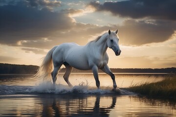 Obraz na płótnie Canvas Aquatic Grace: White Horse's Water Dance in Nature's Embrace