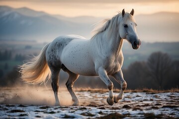 Gleaming Grace: A White Horse's Majesty in the Countryside Calm