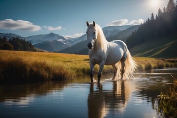 A White Horse's Tranquil Realm by the Mirror-Like Magical Lake - obrazy, fototapety, plakaty