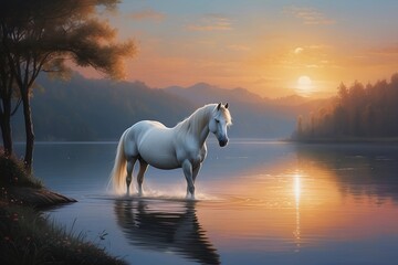 Majestic White Horse Beside a Serene Magical Lake: A Vision of Tranquility - obrazy, fototapety, plakaty
