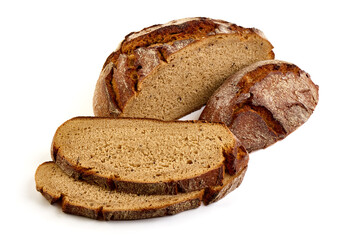 Freshly Baked Homemade Bread slices, close-up, isolated on a white background.