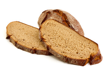 Freshly Baked Homemade Bread slices, close-up, isolated on a white background.