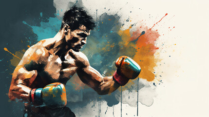 Illustration of boxer in abstract mixed grunge colors style. - obrazy, fototapety, plakaty