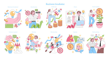 Business Incubator set. Characters navigate startup growth from idea to success. Venture capital, mentorship, equity, and networking moments. Scale-up, pitch, and seed capital. vector illustration