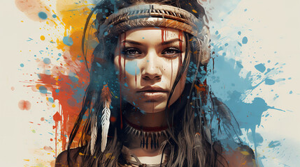 Illustration of native American Indian girl in abstract mixed grunge colors style.