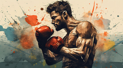 Illustration of boxer in abstract mixed grunge colors style. - obrazy, fototapety, plakaty