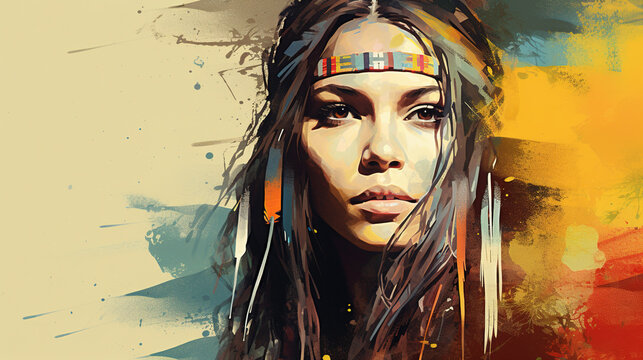 Illustration of native American Indian girl in abstract mixed grunge colors style.