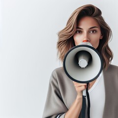 businesswoman shouting through megaphone isolated on white