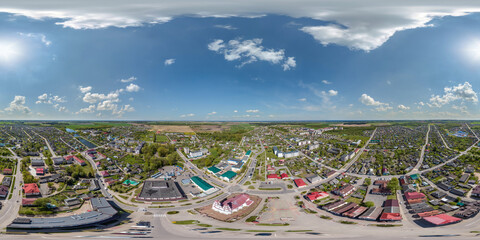 aerial hdri 360 panorama view from great height on buildings, churches and center market square of provincial city in equirectangular seamless spherical  projection. use as sky replacement for drone