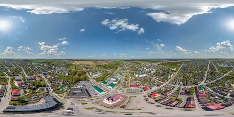 Foto op Plexiglas aerial hdri 360 panorama view from great height on buildings, churches and center market square of provincial city in equirectangular seamless spherical  projection. use as sky replacement for drone © hiv360