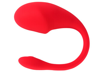 Red vibrator-egg, masturbator for women isolated on a white background. A sexy toy for adults. - obrazy, fototapety, plakaty