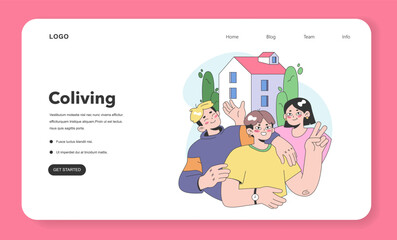 Co-living web banner or landing page. Friends or roommates living together. Characters hang out dormitory or student apartment. Joint living in friends company. Flat vector illustration.